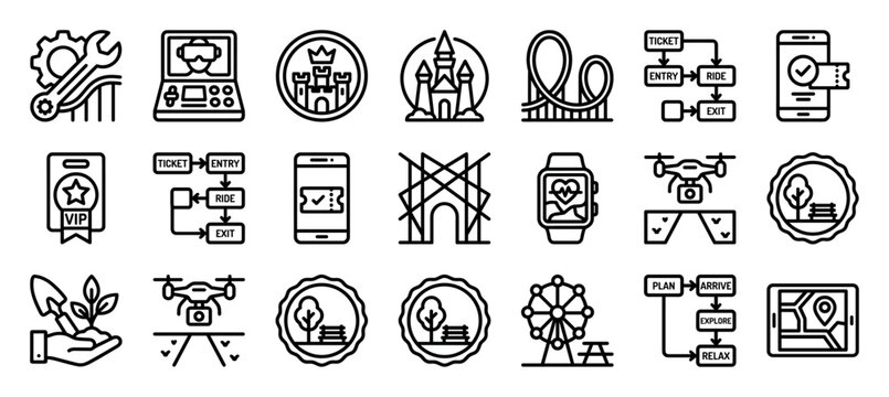 Amusement park and theme park line icon set showing attractions, technology, and visitor experience elements like tickets, maps, and virtual reality in a simple outline style