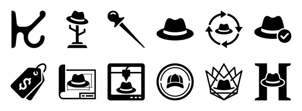 Set of twelve black hat-related icons showing a fedora, cap, hook, stand, 3D printer, blueprint, price tag, and various abstract symbols for design and selection concepts