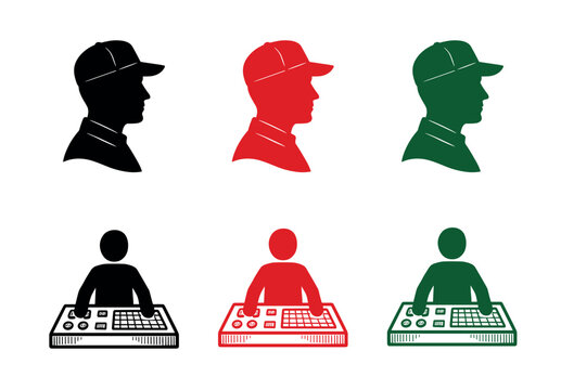 Collection of operator and technician icons featuring a man's profile in a cap and a person at a control console, rendered as simple silhouettes in black, red, and green