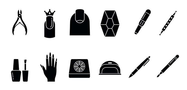 Black glyph icon set for manicure services featuring nail care tools, salon equipment, polish, and nail art accessories for beauty and cosmetology