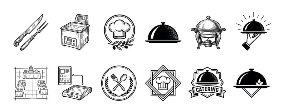 Collection of black and white catering service icons featuring a chafing dish, cloche, chef hat, and carving utensils in a detailed engraved sketch and modern logo illustration style