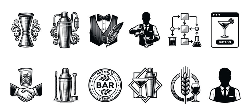 Collection of black and white bartending icons in vintage and modern styles, featuring a shaker, jigger, bartender silhouette, and various abstract logo concepts for mixology
