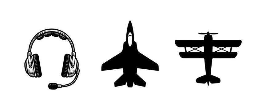Set of three black aviation icons showing a detailed pilot headset, a modern fighter jet silhouette, and a vintage biplane from a top-down perspective