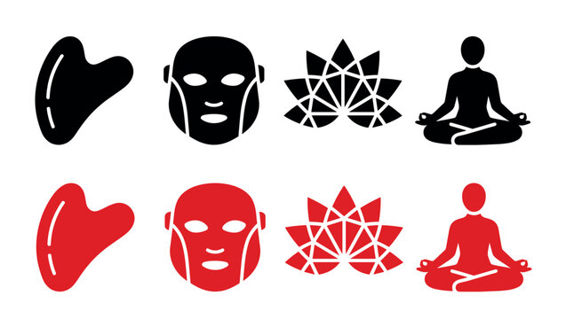 Black and red beauty and wellness icons featuring a gua sha stone, sheet face mask, lotus flower, and a person in a meditation pose, presented in a clean, minimalist graphic style