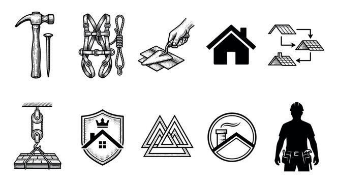 Collection of black roofing and construction icons featuring a hammer, safety harness, worker silhouette, and house emblems in a vintage engraving and modern vector style