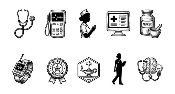 Set of medical and nursing icons in a vintage black and white engraving style, featuring a stethoscope, ECG monitor, nurse silhouette, computer, and apothecary symbols