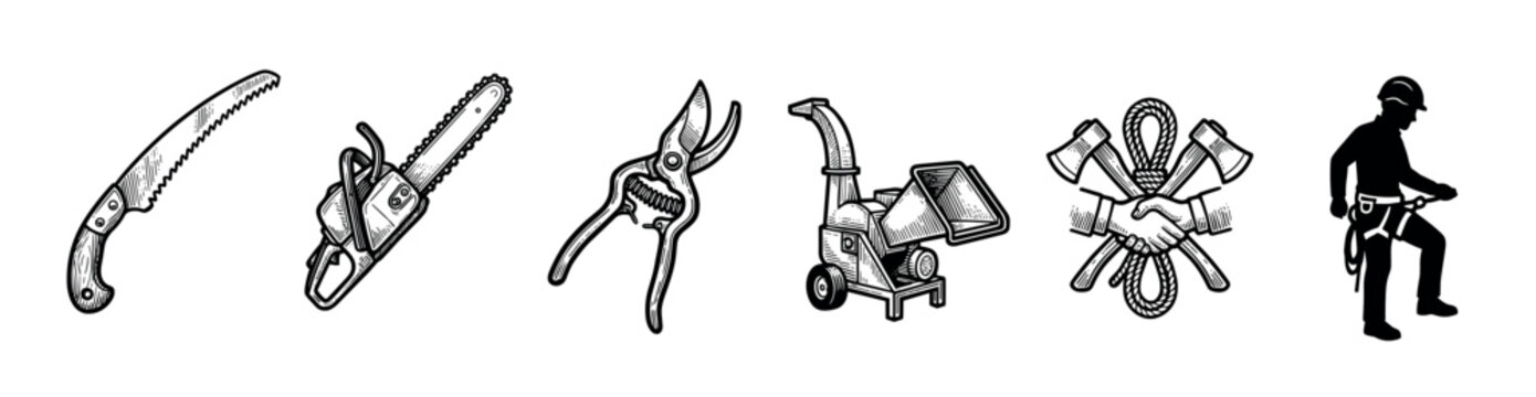 Collection of six professional arborist tool icons in a retro woodcut style, depicting a saw, chainsaw, pruning shears, wood chipper, a service emblem, and a climber silhouette