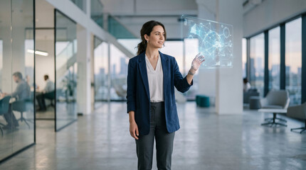 Fototapeta premium Businesswoman engaging futuristic holographic technology in bright modern corporate office