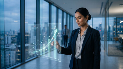 Fototapeta premium Businesswoman analyzing holographic growth graph in modern office with city view
