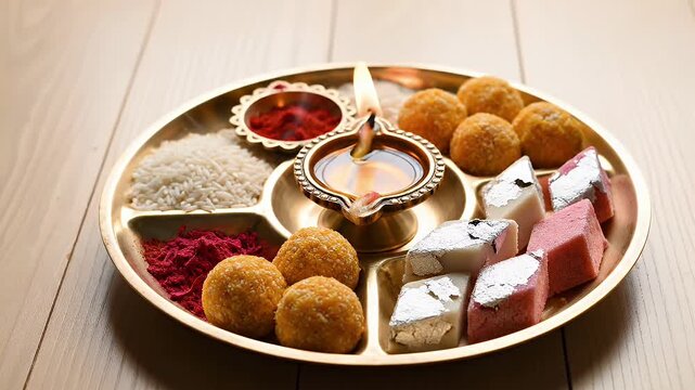 Traditional Diwali Puja thali with diya and Indian sweets.