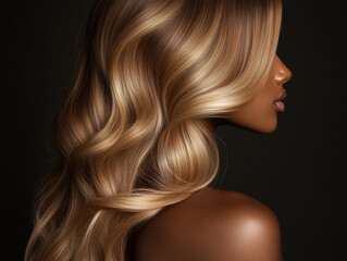 Naklejka premium Profile view of a woman with long shiny honey blonde wavy hair and dark skin on a black background