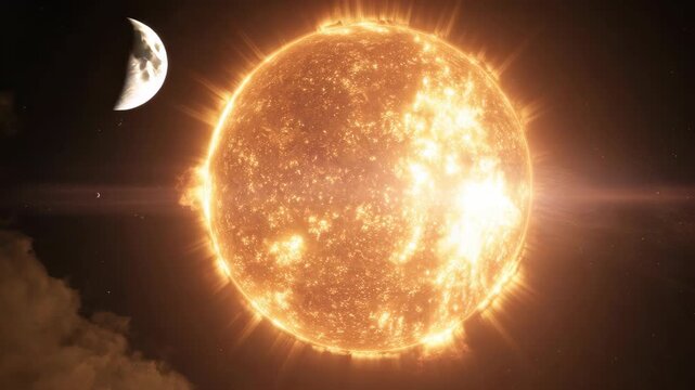 Spectacular view of our sun from space, fiery hues with solar flares and prominences.