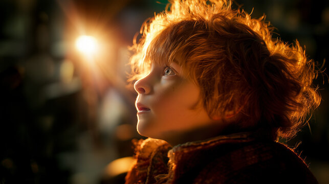 Side profile of a curious child looking up towards bright magical glowing light in the dark