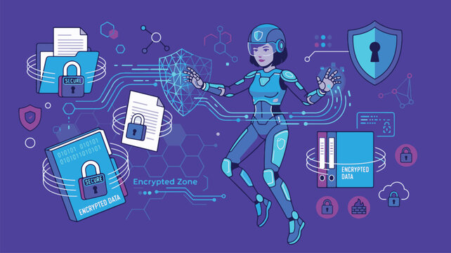 Cyber Security Defender Concept with Sci Fi Woman Guard Encrypted Data Folders and Protection Shield Vector Illustration