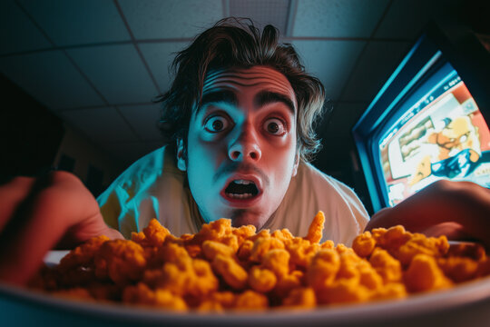 Shocked man staring intently at a glowing bowl of bright orange snacks in a dark room