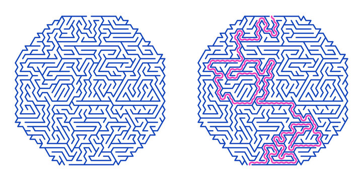 Umbrella-shaped maze design, blue and gray rainy day colors, children's puzzle activity
