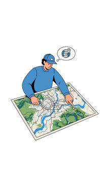 Person in blue shirt and cap looks at a map with thought bubble.