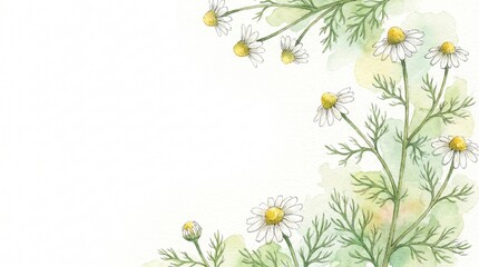 Fototapeta premium Watercolor chamomile slide, part of a growing 100+ mega botanical collection of diverse flowers, plants and trees. Elegant hand-painted presentation design template with copy space.
