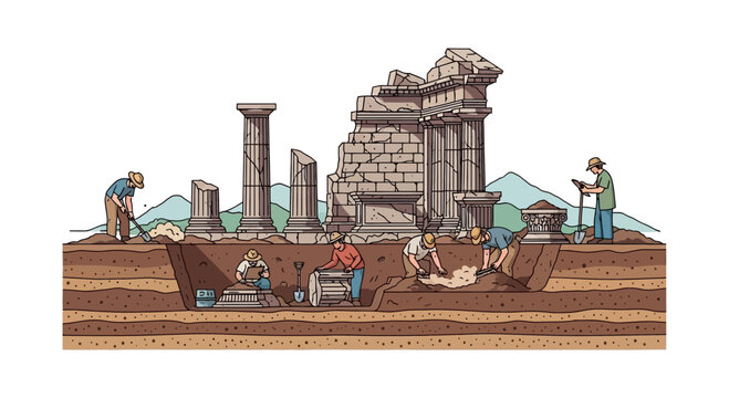Archeological dig site with people working on ancient ruins in a cross-section.