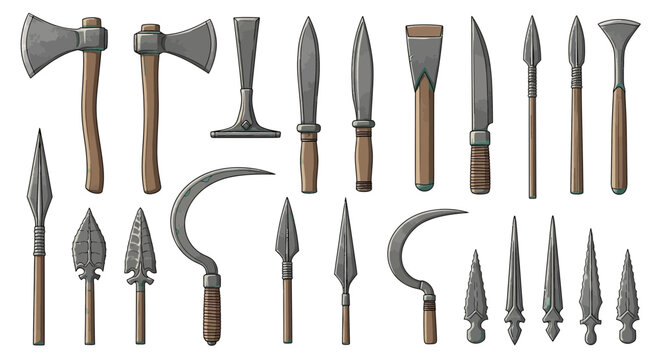 Collection of various antique metal weapons and tools arranged on a white background.