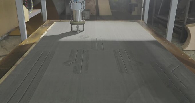 CNC Milling Process on Modern Industrial Machine. CNC Milling of EVA Foam Marine Decking Material. Custom manufacturing of motorboats and yachts. Production of boat decking.