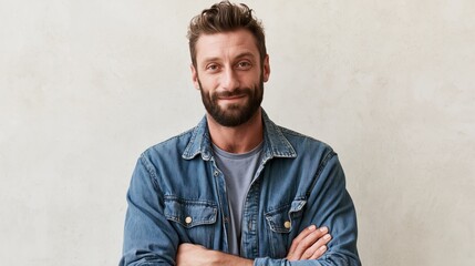 Obraz premium gen team lead young adult white athletic man smiling in denim jacket