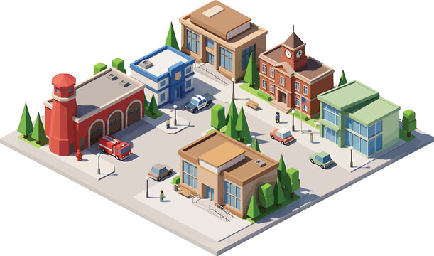 Isometric small town map with fire station police department and municipal buildings in low poly vector style