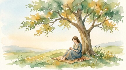 Woman sitting under a big tree praying. Religious girl holding cross during meditation in nature. Spiritual worship and faith in divinity. Peaceful scene for christian religious concept.