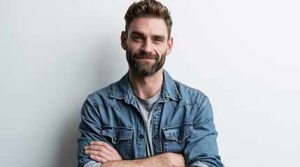 Obraz premium gen team lead young adult white athletic man in denim jacket against