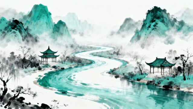 Traditional Asian landscape with river and pavilions