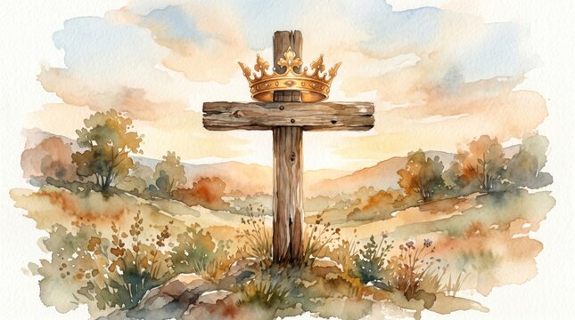 Wooden cross with golden crown on hill. Symbolic representation of resurrection and victory of faith. Christian religious artwork featuring watercolor landscape for Easter celebration.