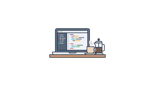 Minimalist Illustration of a Laptop with Code Editor and Coffee