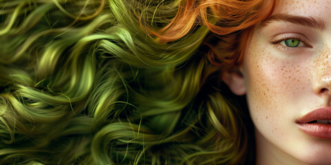 Naklejka premium Close up portrait of a beautiful woman with vibrant long wavy green hair looking towards the camera