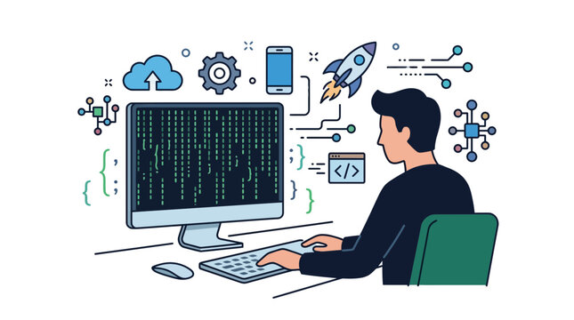 Software Developer Coding at Computer with Tech Icons