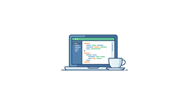 Laptop with Code Editor and Coffee Cup Minimalist Vector Illustration
