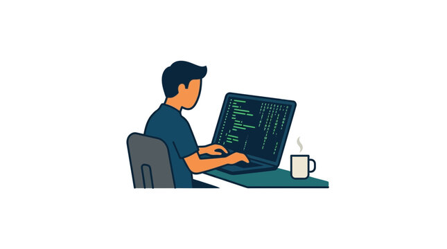 Illustration of a Software Developer Coding on a Laptop at a Desk