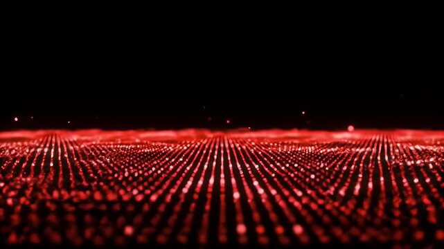 Red digital grid landscape on black background.