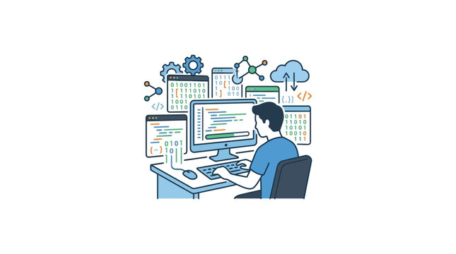 Software Developer Coding at Desk with Digital Tech Elements