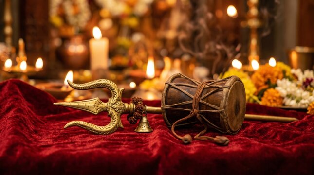 Brass trishula and damaru drum placed on red velvet. Hindu religious symbols related to Lord Shiva worship. Traditional prayer altar with burning oil lamps and marigold flower garland.