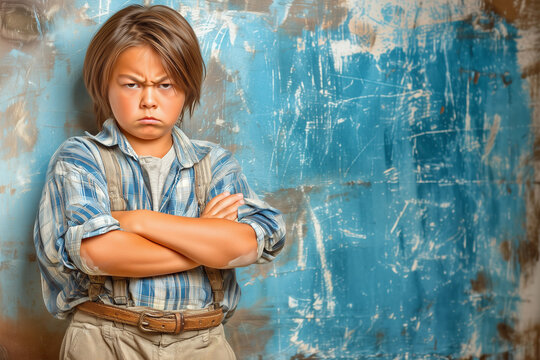Portrait of a person looking angry with crossed arms against a blue textured background