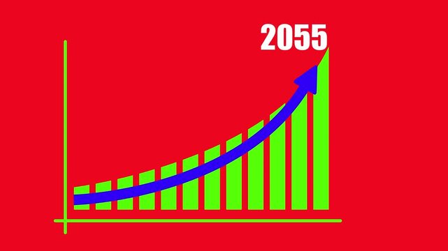 Business growth concept in allusive graph chart showing marketing sales profit increasing to target, showing financial success and upward economic trend towards the year 2055 on a red background.