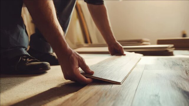 Hands place wooden floorboard onto existing surface. Soft sunlight illuminates workspace. Stacks of planks rest nearby. Worker prepares floor installation. Natural wood grain pattern visible