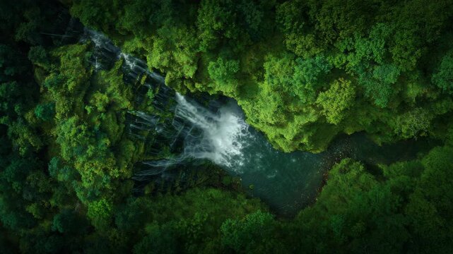 A tranquil scene of a waterfall hidden among lush greenery.