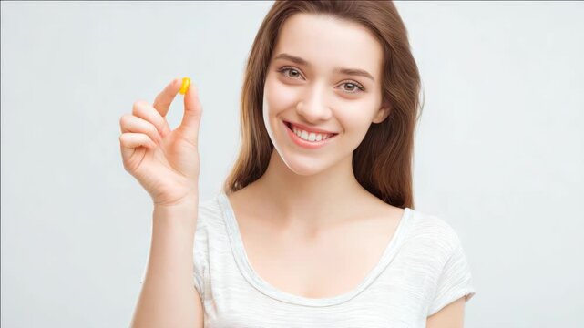 A cheerful young lady with long hair is displaying a tiny capsule-shaped medicine. The can be used for health and wellness contexts.