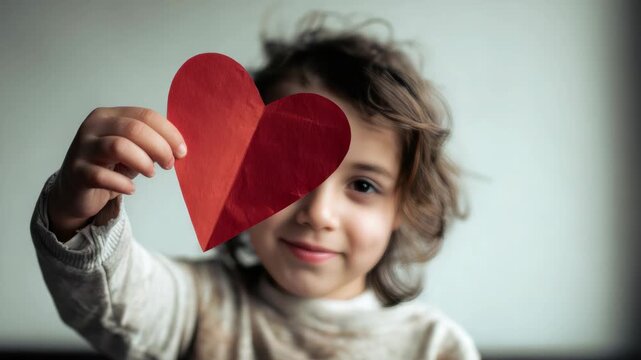 A young girl with dark hair holds a paper heart in her hand.