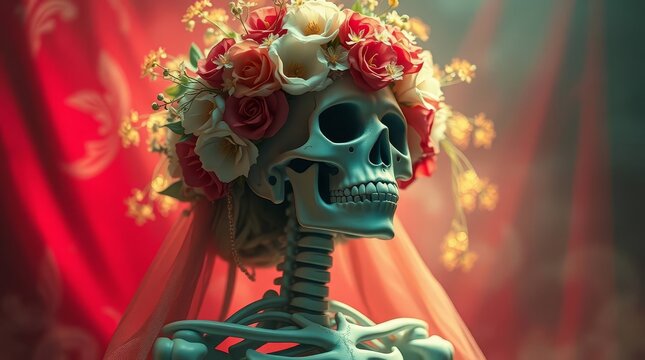 Human skeleton bride with a beautiful rose flower crown and red veil