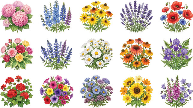 Set of watercolor garden flower bouquets featuring hydrangea lavender poppies sunflowers and daisies isolated on white background