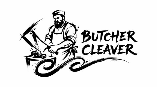 Butcher cleaver text logo with illustrated professional man.