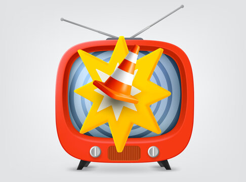 Retro TV with orange cone. Television is out of service concept. Vector 3d illustration