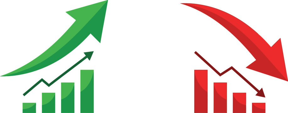 Green rising bar chart and red falling bar chart showing business growth and decline